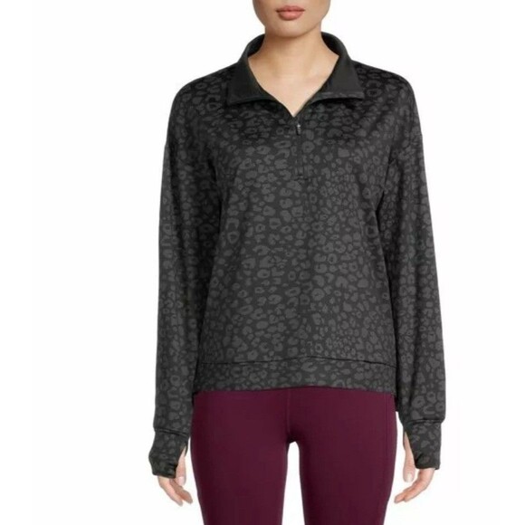 Avia Women's Fleece Lined Black & Gray Leopard Print Quarter Zip Pullover Size M - Picture 1 of 4